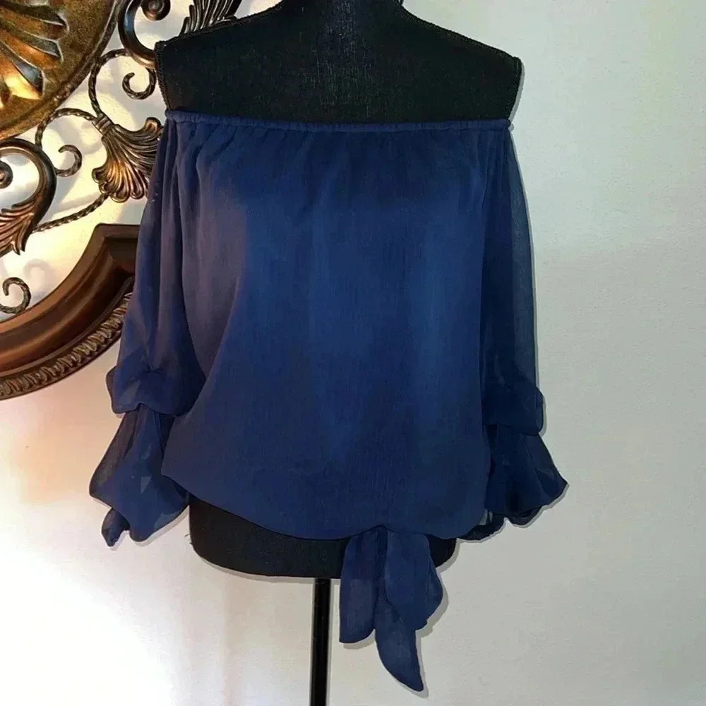 CeCe Women’s Navy Blue Off the Shoulder Bubble 3/4 Sleeve Tie at Waist Blouse M - Picture 2 of 16